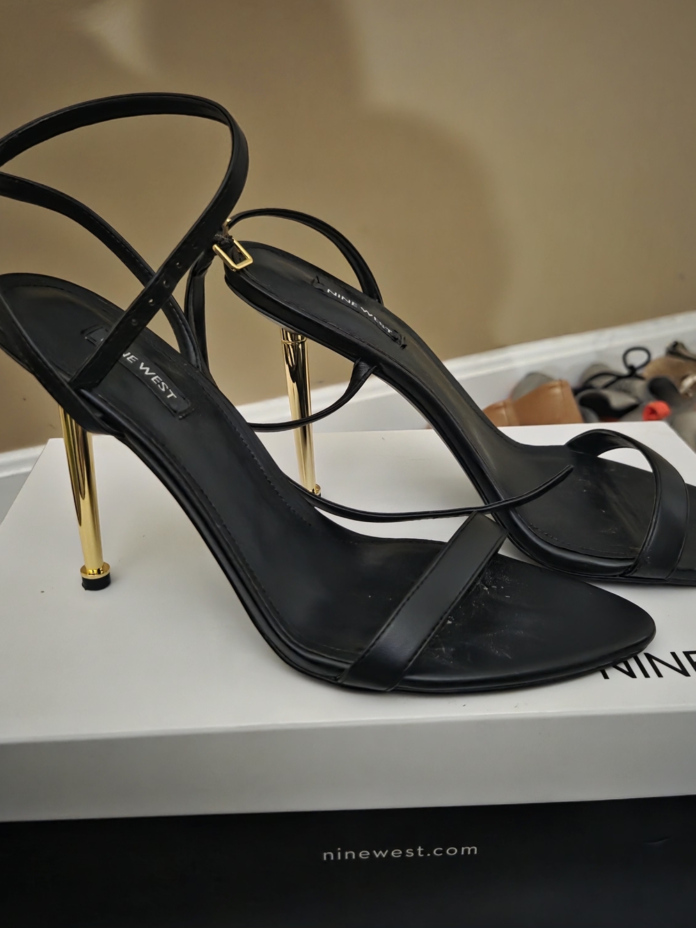 Nine West Black Strappy Sandals with Gold Stiletto Heel